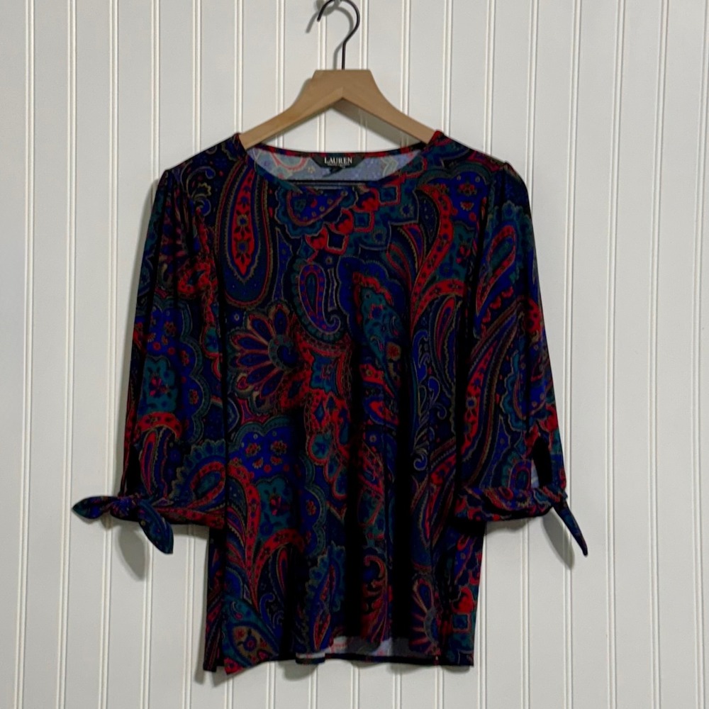 Lauren Ralph Lauren Womens M Paisley Top Stretch Tie Sleeve Jewel Tone Blouse